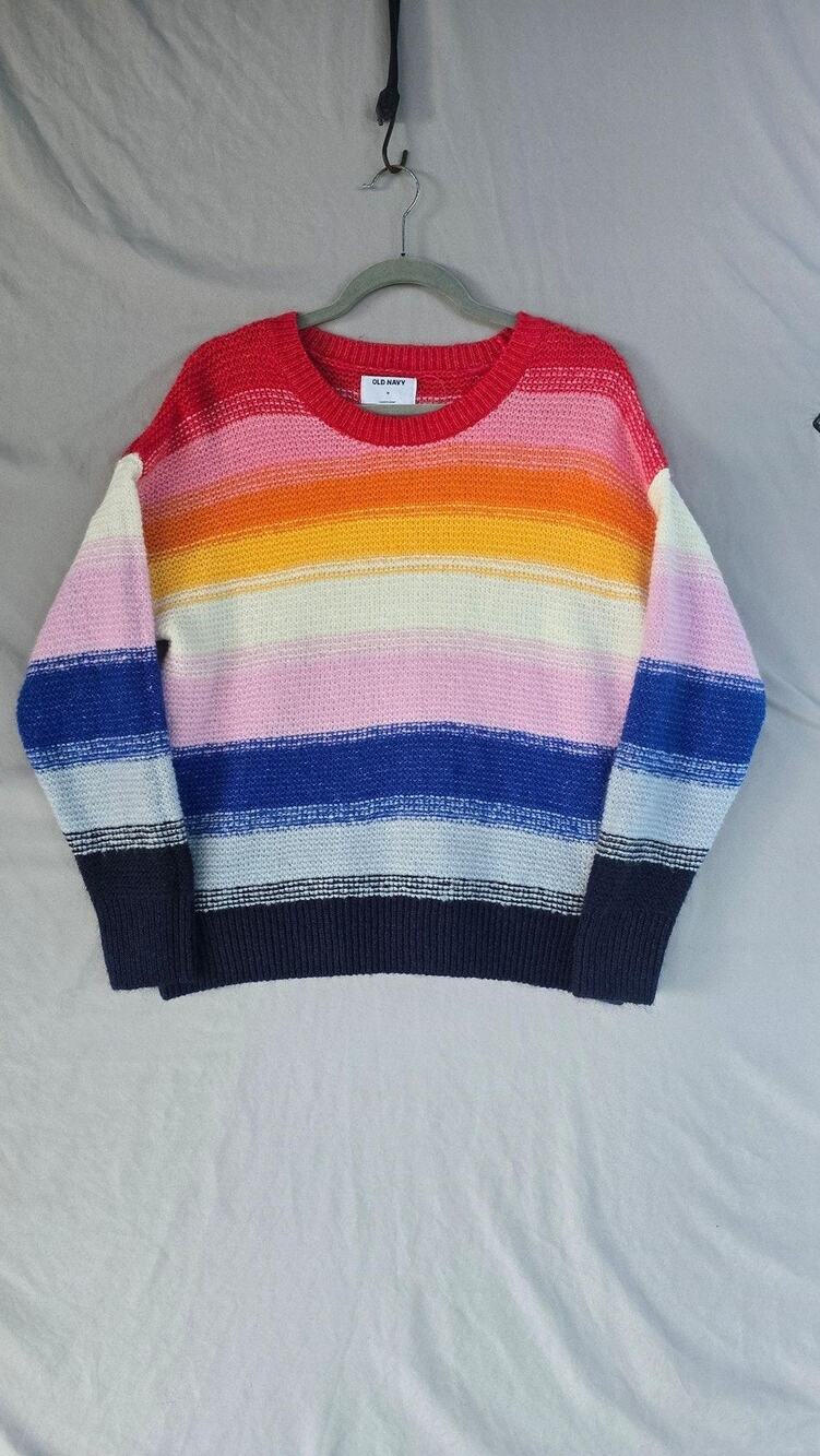 Old Navy Sweater Womens Medium Multicolor Rainbow Stripe Crew Neck Long Sleeve